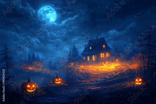 Spooky Halloween Night with Glowing Pumpkins and a Creepy House