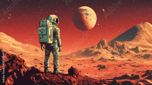 Fototapeta Naklejka Na Ścianę i Meble -  Astronaut mars planet space travel vintage retro illustration scifi adventure futuristic outdated cosmic exploration nostalgic. Nostalgic. Illustration