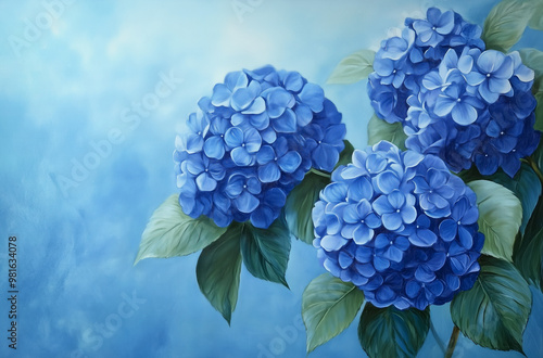 Vibrant Blue Hydrangeas Blossom on a Sky-Blue Canvas: Celebrating Floral Vivacity photo