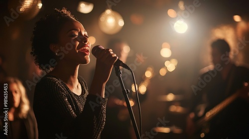 the lead vocalist of a jazz band, passionately singing into the microphone with a dimly lit club audience in the background, with copy space photo