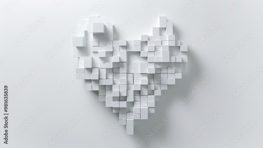 Abstract heart shape made of white 3D cubes on a minimalistic background Abstract heart shape made of white 3D cubes on a minimalistic background