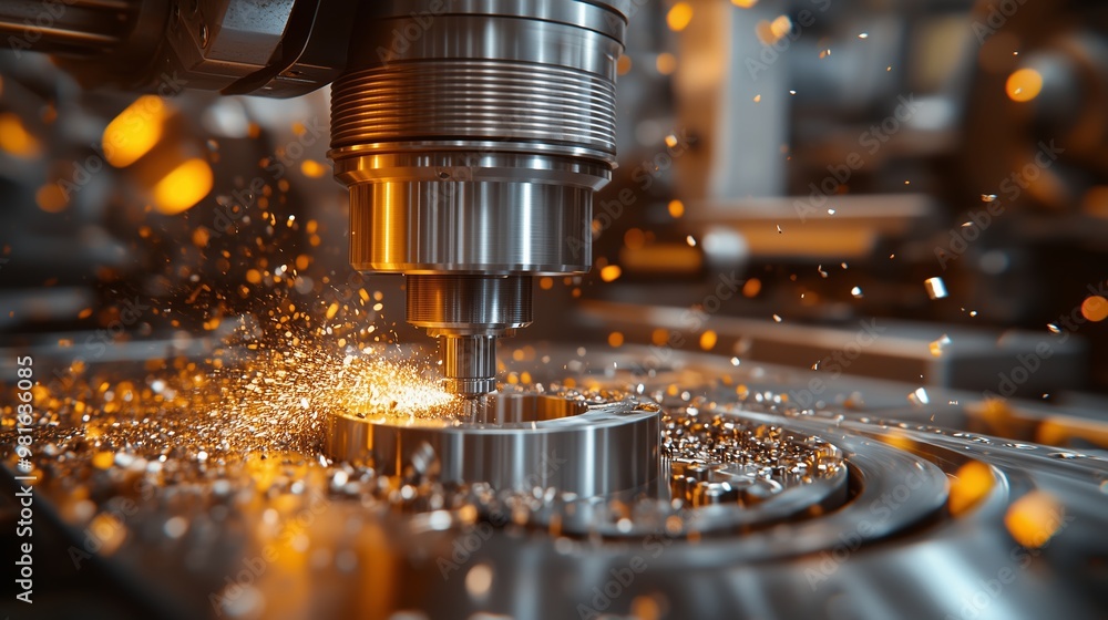 Close-up of a CNC milling machine in operation, cutting through a metal surface, with glowing sparks and metal shavings flying around. Close-up of a CNC milling machine in operation, cutting through a metal surface, with glowing sparks and metal shavings flying around.