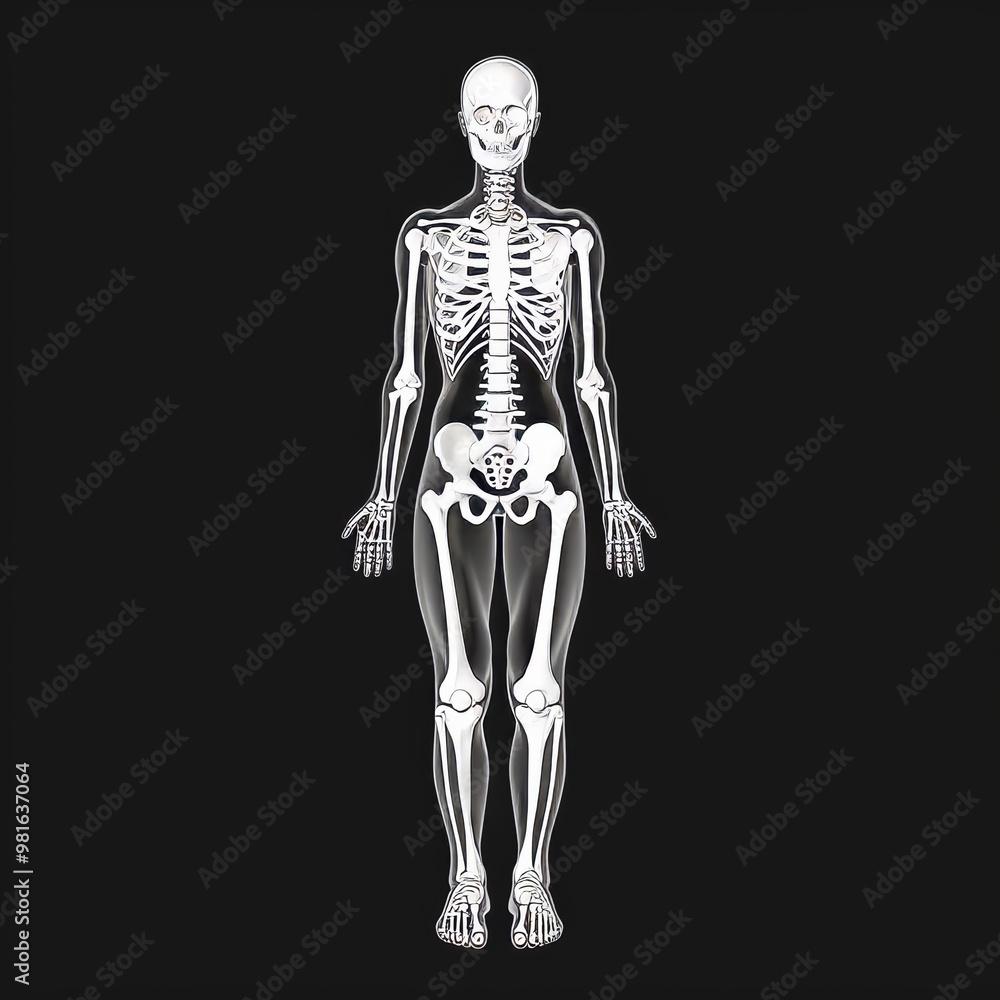 A clear depiction of a human skeleton highlights the bone structure, featuring detailed anatomy from head to toe against a plain black background, ideal for educational use. A clear depiction of a human skeleton highlights the bone structure, featuring detailed anatomy from head to toe against a plain black background, ideal for educational use.