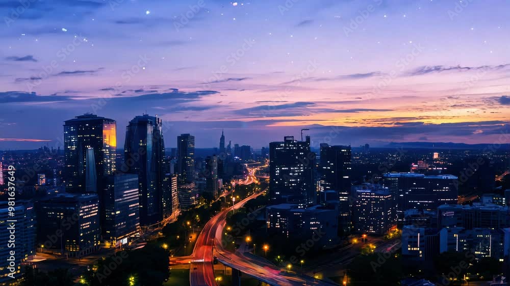 Stunning Cityscape at Dusk with Glowing Skyscrapers and Roads Illuminating the Evening Skyline Under a Starry Sky Stunning Cityscape at Dusk with Glowing Skyscrapers and Roads Illuminating the Evening Skyline Under a Starry Sky