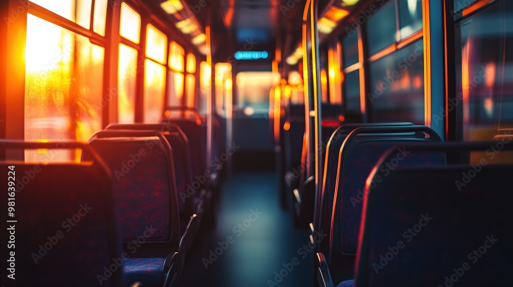 Empty bus interior with rows of seats and warm lighting Empty bus interior with rows of seats and warm lighting