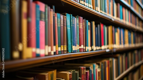 many books on a shelf in a library