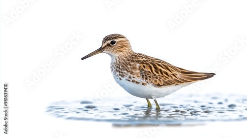 pectoral sandpiper stands elegantly near tranquil water, its brown-and-white feathers glimmering in the light as it forages quietly, embodying the beauty of nature. photo