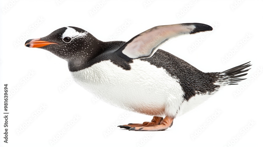 Fototapeta premium delightful penguin stands with its flippers slightly extended, embodying a playful spirit amidst the simplicity of a white backdrop, celebrating avian beauty.