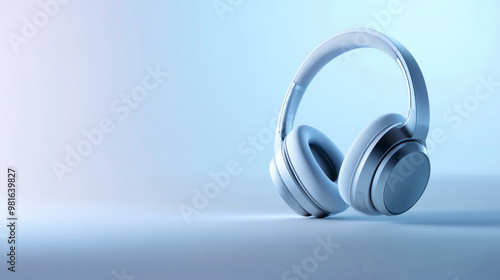 Beautiful modern white wireless headphones on a beautiful light background, banner or advertisement for headphones with space for logo, text or inscriptions
