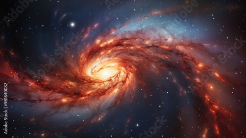 A swirling nebula of vibrant red and orange hues, illuminated by a bright star at its center.