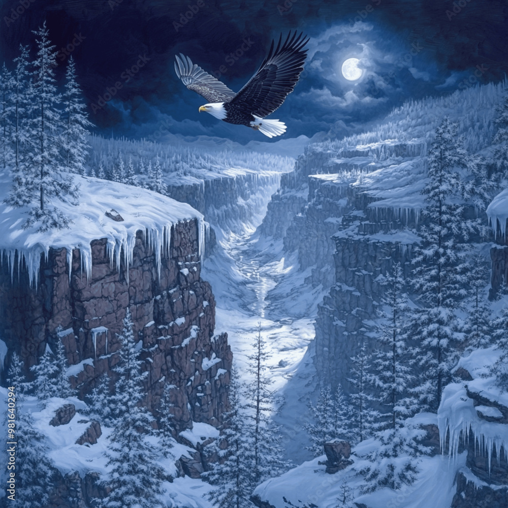 Fototapeta premium eagle soars high above a vast, frozen canyon