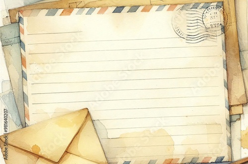 Retro watercolor envelope and letter with vintage airmail design