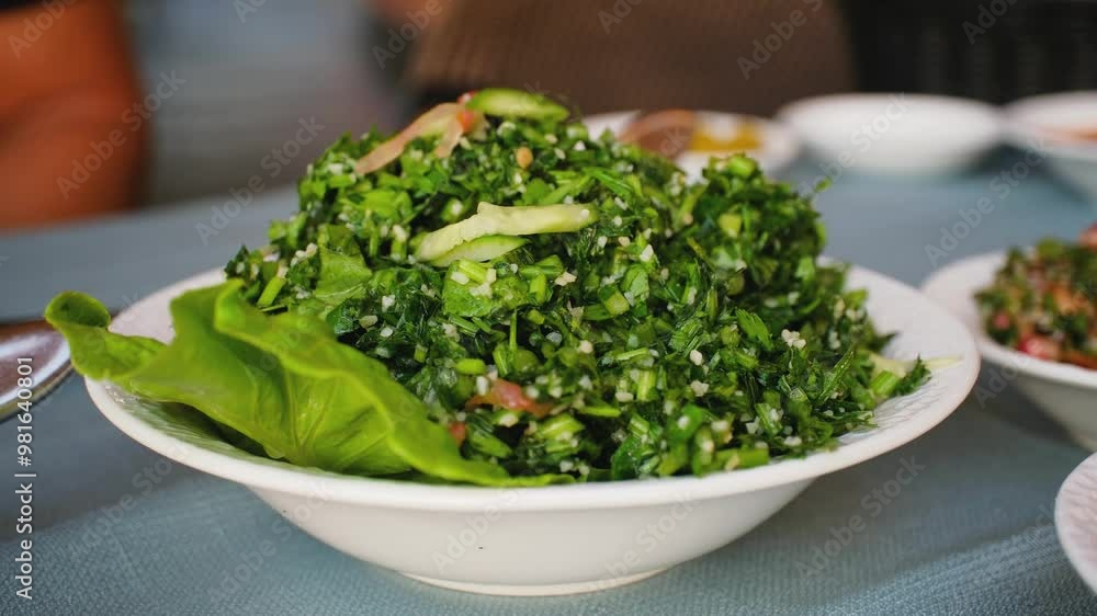 Freshly prepared tabbouleh salad garnished with parsley on white plate Freshly prepared tabbouleh salad garnished with parsley on white plate