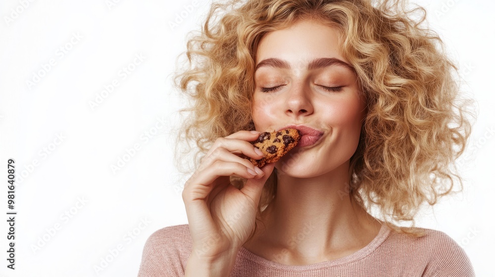 Portrait of young beautiful woman enjoying chocolate cookies with closed eyes isolated on light background with space for text or inscriptions
Portrait of young beautiful woman enjoying chocolate cookies with closed eyes isolated on light background with space for text or inscriptions