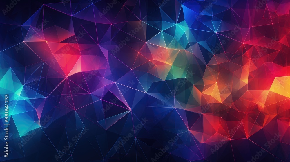 A vibrant abstract background with a geometric pattern of triangles and lines in shades of blue, red, and orange. A vibrant abstract background with a geometric pattern of triangles and lines in shades of blue, red, and orange.