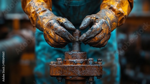 A close-up shot of a worker’s hands covered in oil and grease, adjusting a large industrial valve. photo