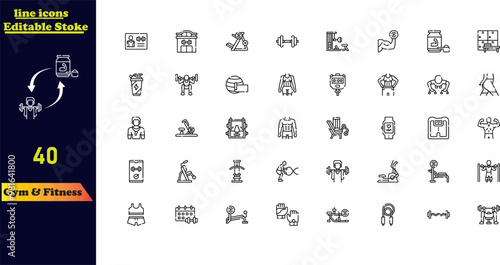 Stroke line icon set for gym, fitness, and a healthy lifestyle, including training, workouts, biceps, running, diet, bodybuilding, yoga, equipment, and health care.