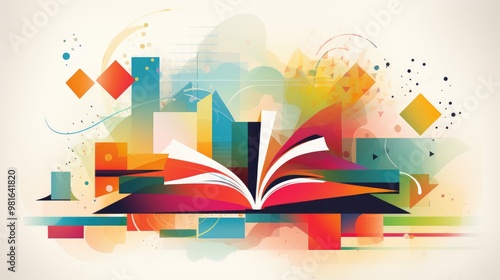 A vibrant abstract illustration featuring a book as the central element, surrounded by geometric shapes and splashes of color.