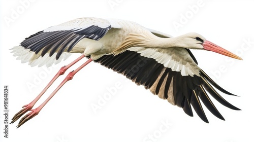 magnificent white stork glides effortlessly through the air, its long, elegant legs trailing behind as it navigates a bright, white expanse, embodying freedom and grace.