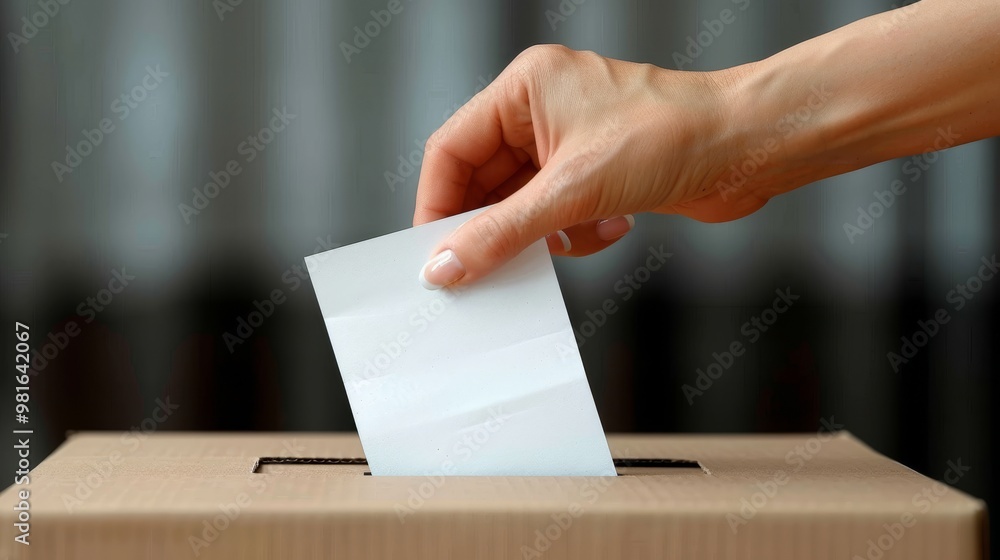 A hand deposits a ballot into a ballot box, emphasizing civic engagement and participation in the electoral process during elections in a public setting. A hand deposits a ballot into a ballot box, emphasizing civic engagement and participation in the electoral process during elections in a public setting.