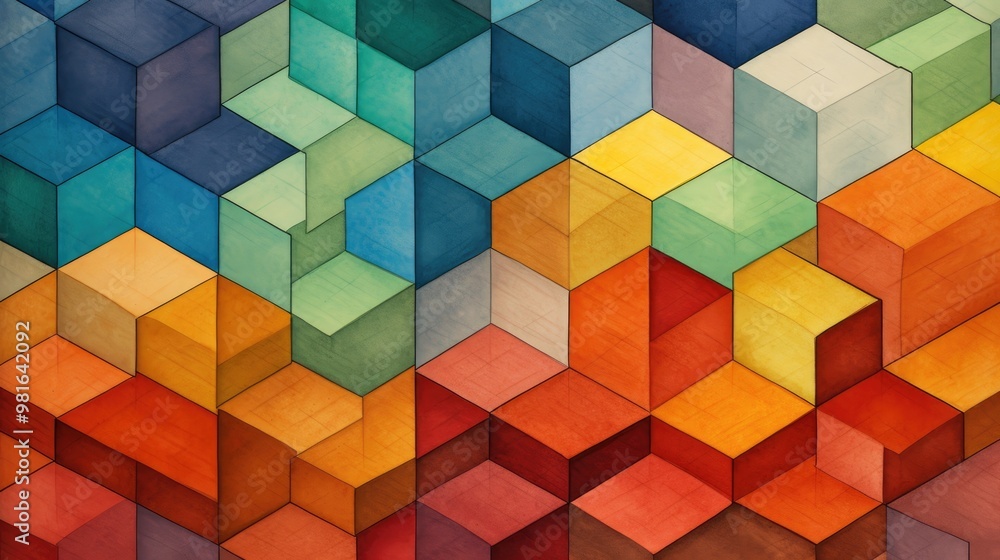 A vibrant abstract pattern of colorful cubes, rendered in a watercolor style. A vibrant abstract pattern of colorful cubes, rendered in a watercolor style.