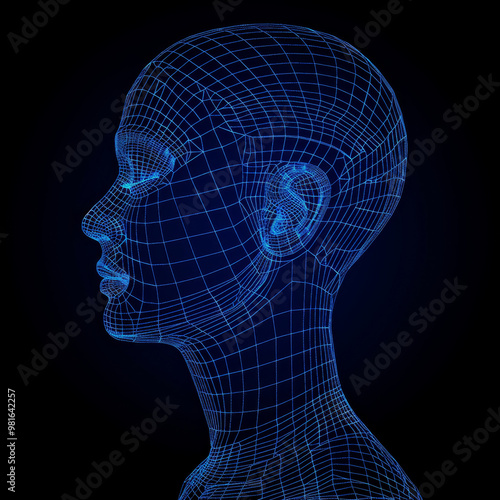 The artwork features a detailed wireframe model of a human head in profile, rendered in blue against a dark background, showcasing intricate lines and geometric patterns.