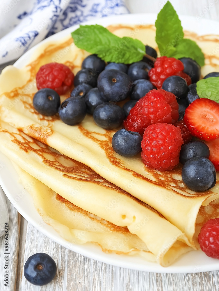 Thin crepes with fresh berries and mint leaves on a white plate, delicious breakfast Thin crepes with fresh berries and mint leaves on a white plate, delicious breakfast