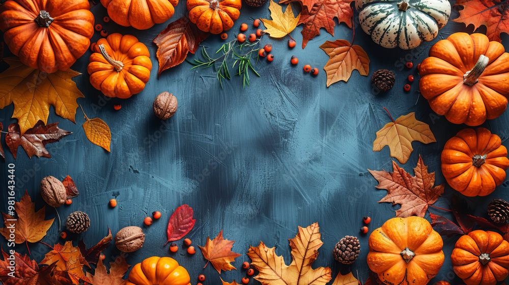 Bright orange pumpkins, various leaves, and nuts are artistically arranged against a blue background, creating a warm and inviting autumn atmosphere perfect for seasonal decoration. Copy space Bright orange pumpkins, various leaves, and nuts are artistically arranged against a blue background, creating a warm and inviting autumn atmosphere perfect for seasonal decoration. Copy space
