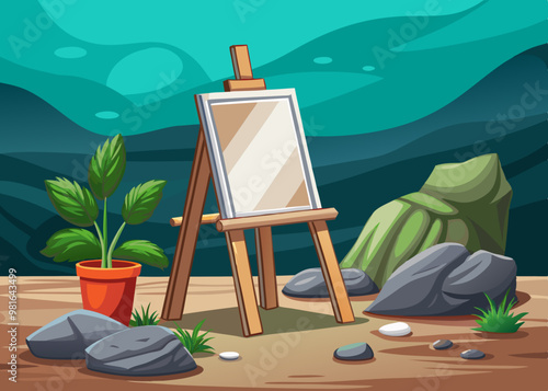 cartoon vector illustration of wooden easel with simple canvas, field with stones isolated background