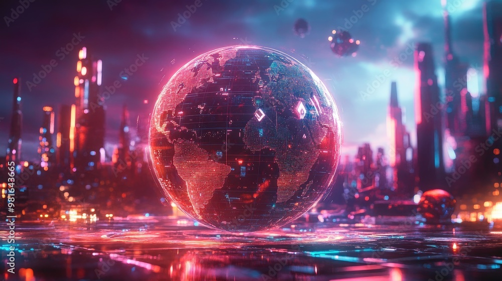 Abstract globe interlaced with detailed merit symbols, set in a futuristic landscape filled with glowing lights and geometric shapes Abstract globe interlaced with detailed merit symbols, set in a futuristic landscape filled with glowing lights and geometric shapes