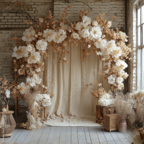 Boho Wedding Indoor Floral Arch Digital Backdrop