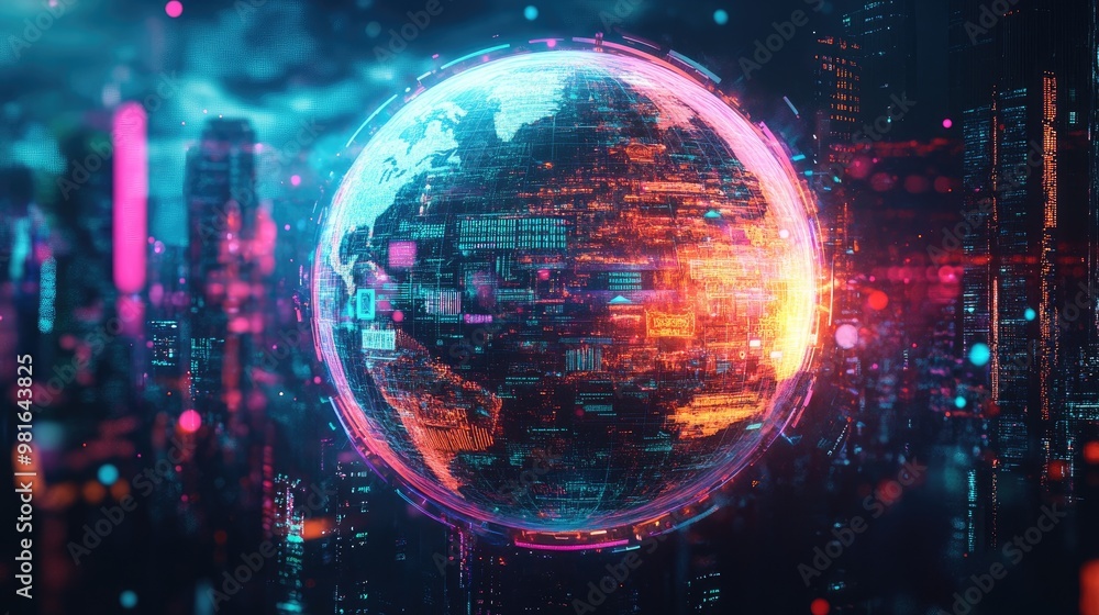 Complex abstract globe with signs of merit, set against a glowing, futuristic background full of digital textures and neon lights Complex abstract globe with signs of merit, set against a glowing, futuristic background full of digital textures and neon lights