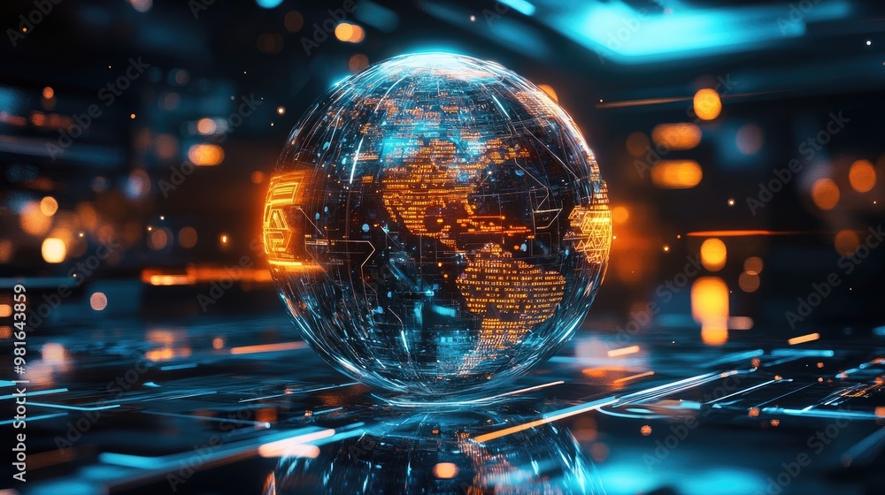 Futuristic abstract globe, intricately covered with signs of merit, glowing against a high-tech background with dynamic patterns Futuristic abstract globe, intricately covered with signs of merit, glowing against a high-tech background with dynamic patterns