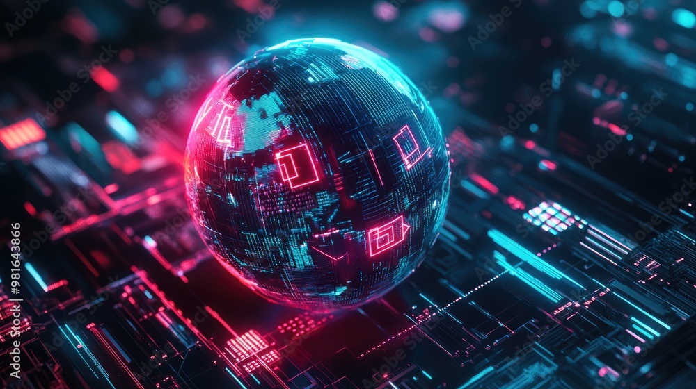 Futuristic abstract globe with detailed merit symbols, glowing on a high-tech background filled with vibrant neon lines and textures Futuristic abstract globe with detailed merit symbols, glowing on a high-tech background filled with vibrant neon lines and textures