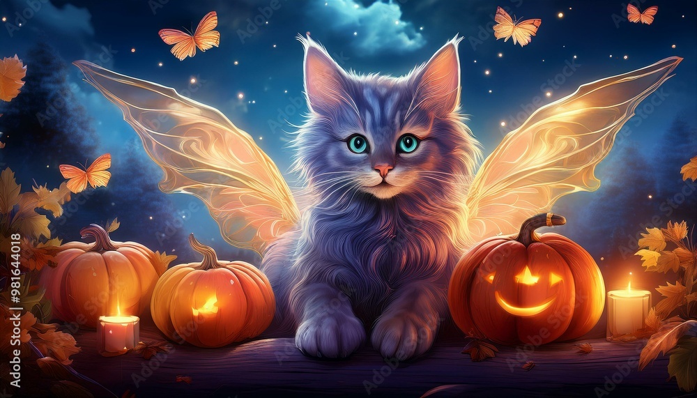 Ethereal fairy cats with glowing wings flit around a mystical pumpkin Ethereal fairy cats with glowing wings flit around a mystical pumpkin