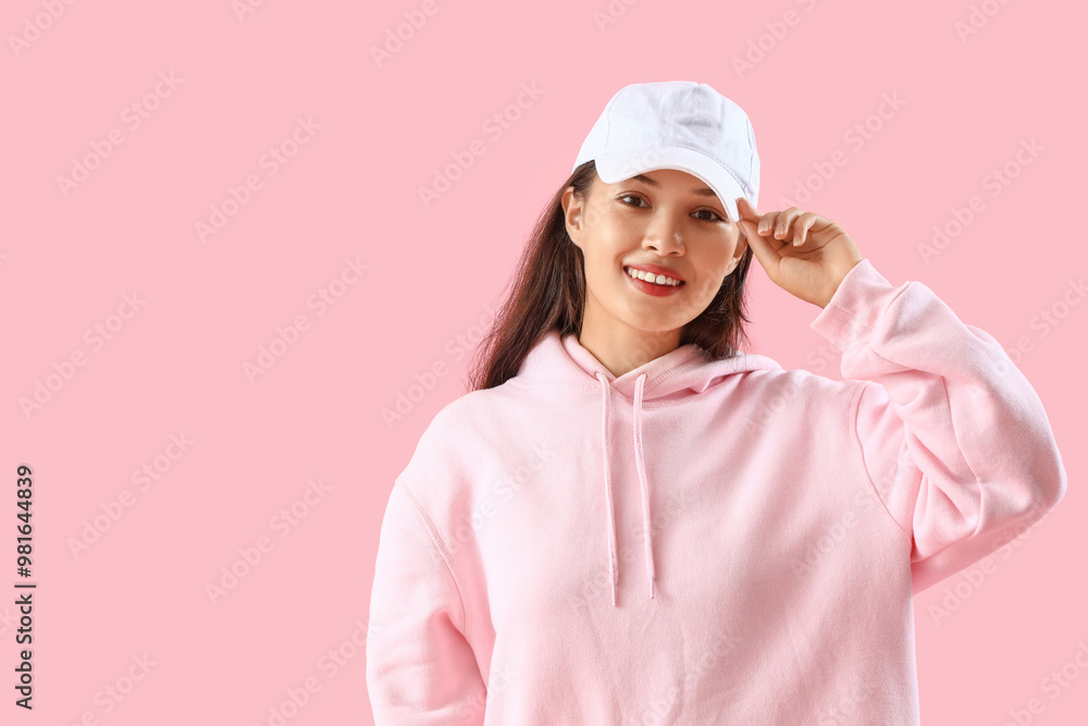 Beautiful young Asian woman in stylish hoodie and hat on pink background Beautiful young Asian woman in stylish hoodie and hat on pink background