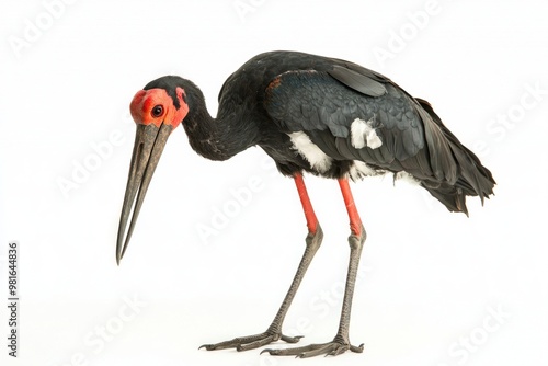 majestic jabiru stork, characterized by its impressive stature, stands with its long neck extended and sharp beak forward, isolated on a clean, white backdrop, highlighting its features. photo