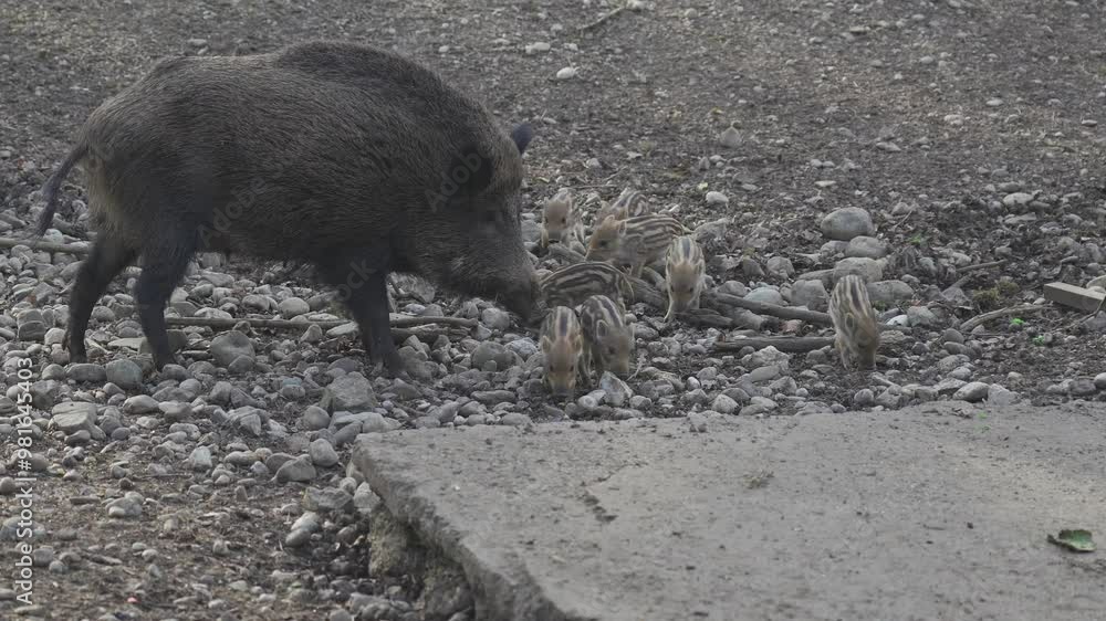 Female wild boar with her brood of children in wild. Mother and young boar babies. Sus scrofa. Bearded pigs Borneo family. Wild boar family mother and striped piglet. Wildlife. Active young boars. 