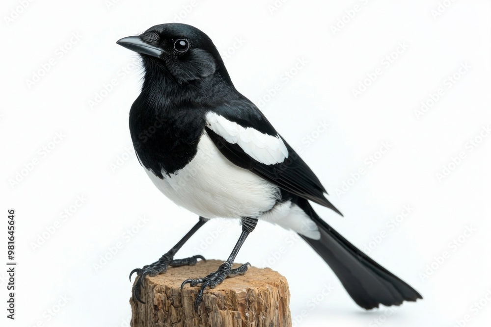 beautiful magpie robin rests on a wooden stump, flaunting its elegant black and white feathers. The contrasting colors create a stunning visual on a minimalistic white canvas. beautiful magpie robin rests on a wooden stump, flaunting its elegant black and white feathers. The contrasting colors create a stunning visual on a minimalistic white canvas.