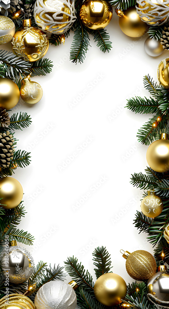 White background with Christmas tree branches around the edges, with many ornaments, copy space in the center. Christmas Background Concept. White background with Christmas tree branches around the edges, with many ornaments, copy space in the center. Christmas Background Concept.