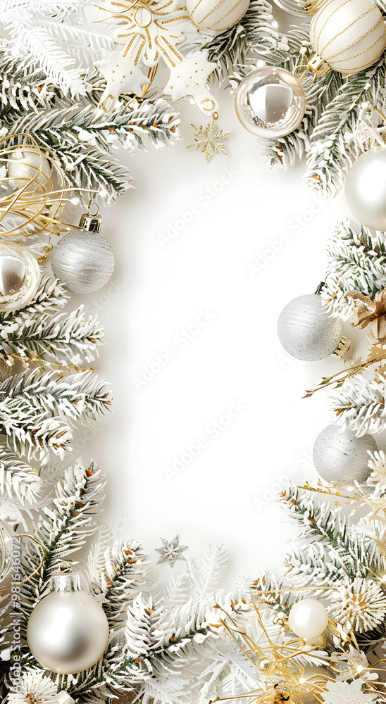 White background with Christmas tree branches around the edges, with many ornaments, copy space in the center. Christmas Background Concept. White background with Christmas tree branches around the edges, with many ornaments, copy space in the center. Christmas Background Concept.