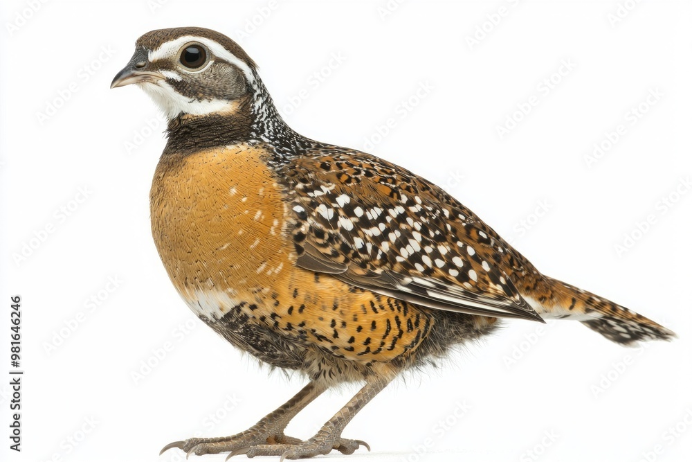 Standing prominently on the ground, the northern bobwhite quail displays its striking spotted plumage and compact form, creating a vivid contrast with the clean white background. Standing prominently on the ground, the northern bobwhite quail displays its striking spotted plumage and compact form, creating a vivid contrast with the clean white background.