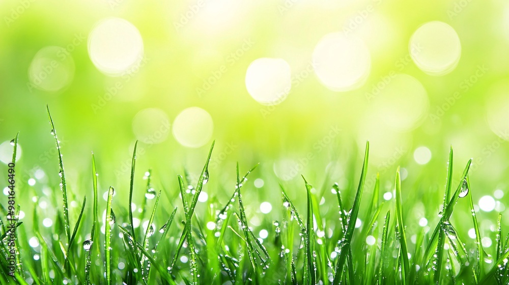 Close-up of Dew-Covered Grass Blades with a Soft-Focus Green Background Close-up of Dew-Covered Grass Blades with a Soft-Focus Green Background