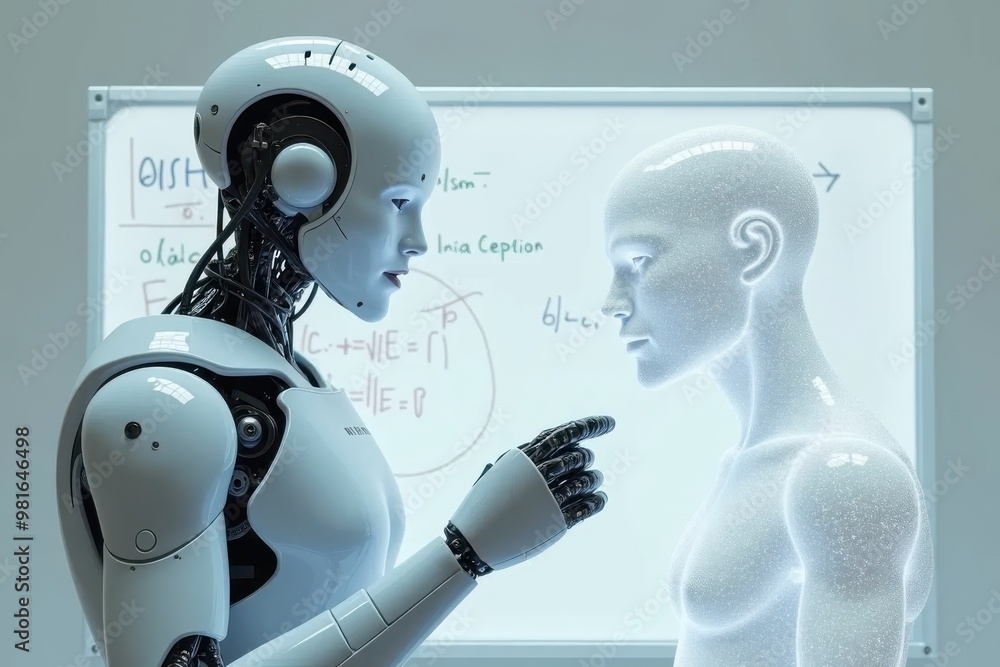 Naklejka premium Advanced Robotics and Human Interaction in Modern Technology - Futuristic AI Teaching Concepts in High-Tech Environment