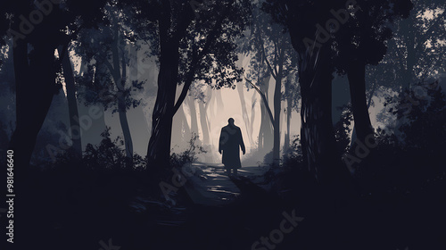 Dark forest, silhouette of a man in the distance. Eerie. Illustration