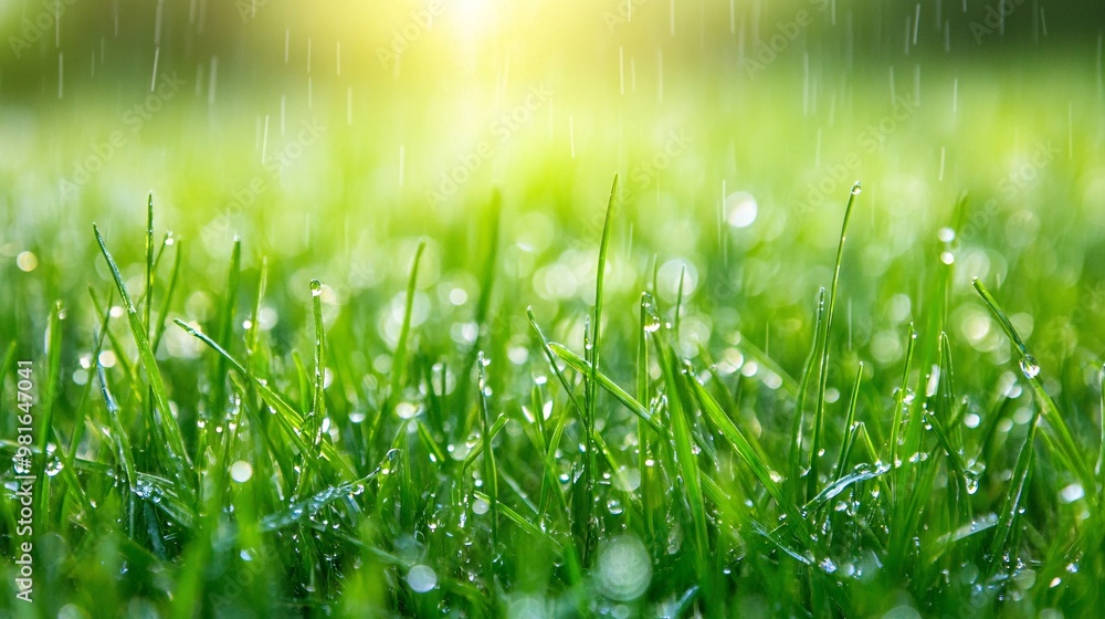 Close-up of Dew-Covered Grass Blades with Rain Falling