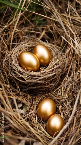 Two Golden Egg Luxery Shiny Easter Decoration in a nest 