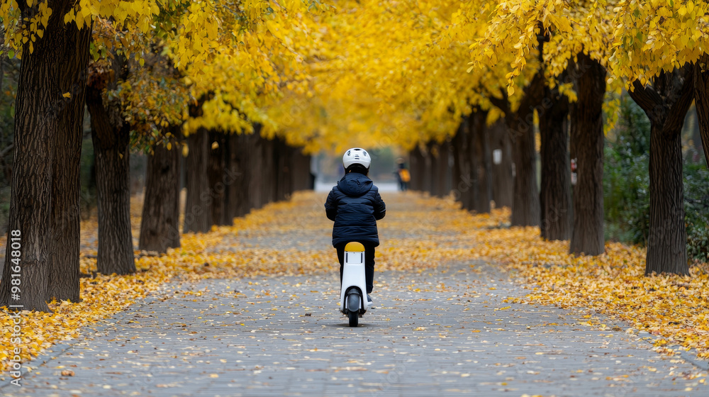Obraz premium A person rides an electric scooter along a tree-lined road with golden fall leaves. A peaceful ride through tree-lined streets, electric scooters glide through autumn's golden leaves.