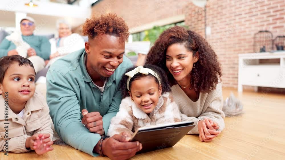 Happy, family and children with tablet on floor for streaming movies, online game or bonding together in lounge. Smile, parents and kids with digital for social media, entertainment and love at house Happy, family and children with tablet on floor for streaming movies, online game or bonding together in lounge. Smile, parents and kids with digital for social media, entertainment and love at house