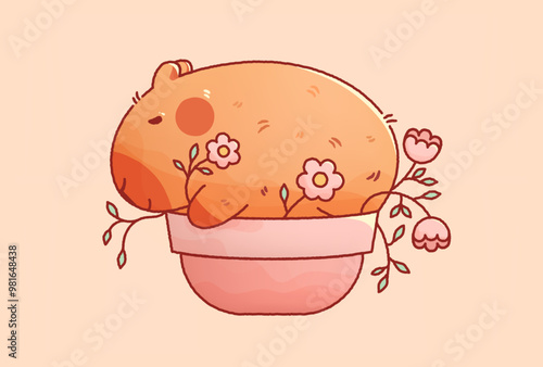 Kawaii cutie capybara sleeping in a flower bed.